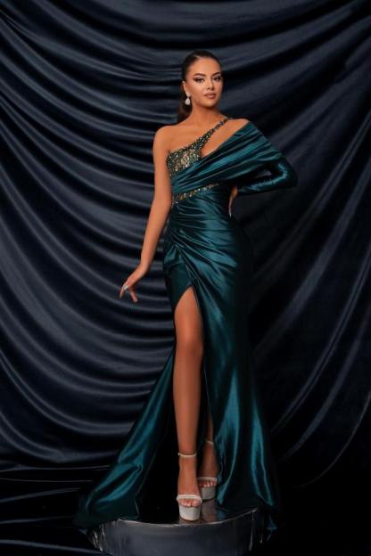 Long Mermaid One Shoulder Satin Beads Front Slit Prom Dresses with Sleeves