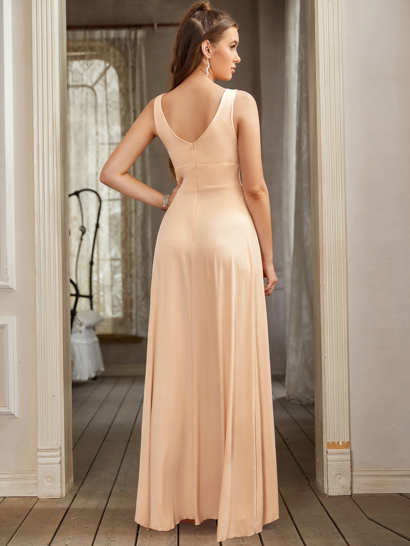 Sexy Long V-neck A-line Bridesmaid Dress with Side Split