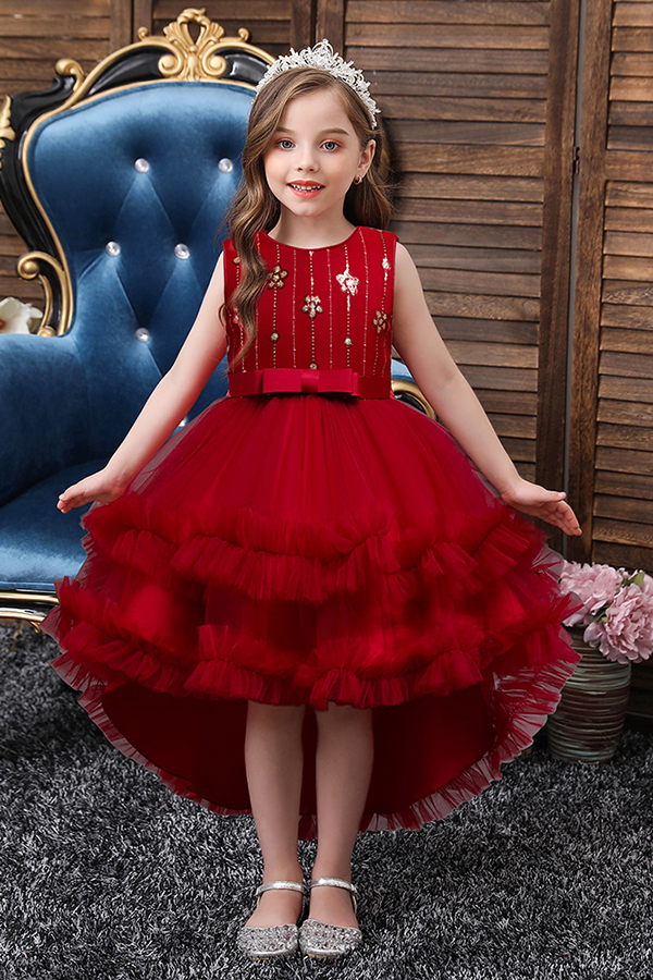 FS9977 Red Belt Tulle Ruffles Flwoer Girl Dress
