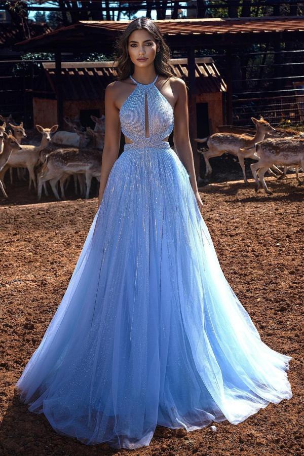 Elegant A-Line Halter Beading Sequins Backless Floor-length Tulle Prom Dress