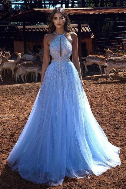 Elegant A-Line Halter Beading Sequins Backless Floor-length Tulle Prom Dress