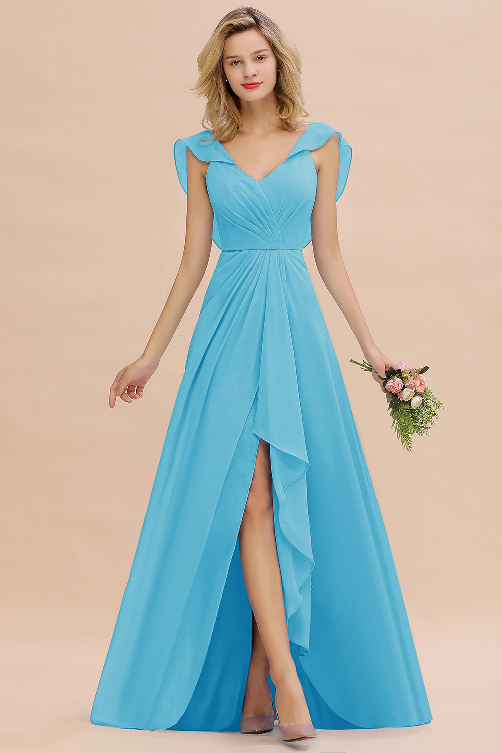 BM0777 Simple Hi-Lo V-Neck Ruffles Long Bridesmaid Dress