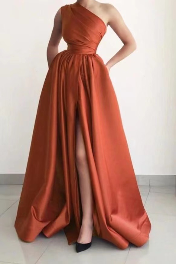 Long A-line One Shoulder Satin Front Slit Prom Dresses with Pockets