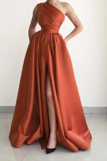 Long A-line One Shoulder Satin Front Slit Prom Dresses with Pockets