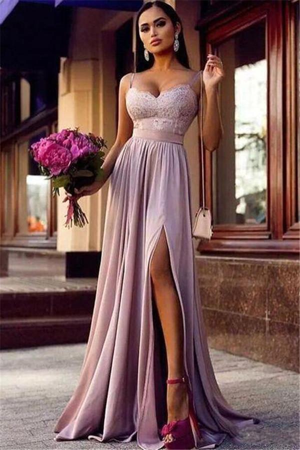 Long A-line Sweetheart Chiffon Lace Prom Dresses with Slit