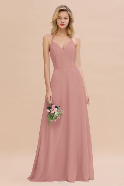 Stylish Chiffon Spaghetti Straps Sleeveless Long Bridesmaid Dress