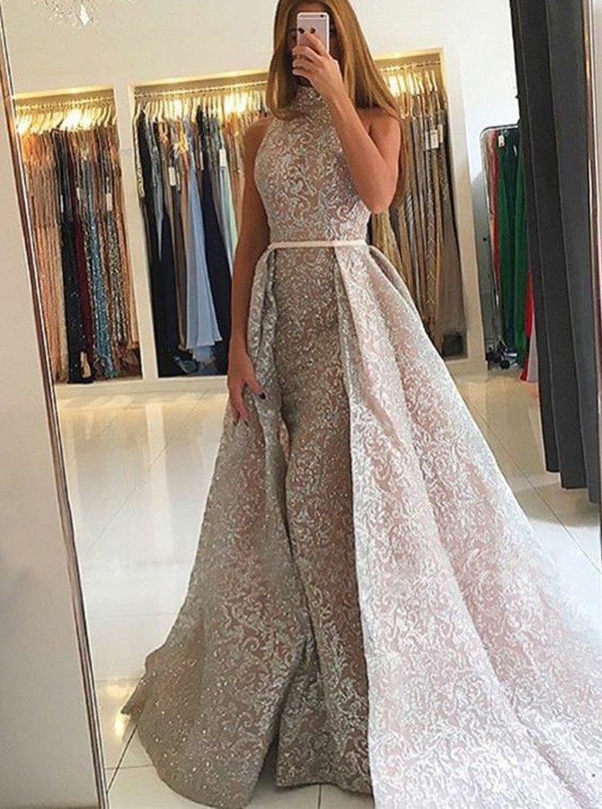 Brilliant High Neck Sequins Floor-length Mermaid Prom Dress With Train
