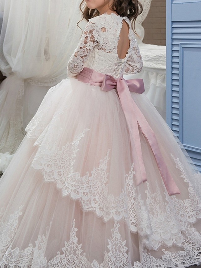 Long Ball Gown Tulle Lace Floor Length Flower Girl Dresses with Sleeves