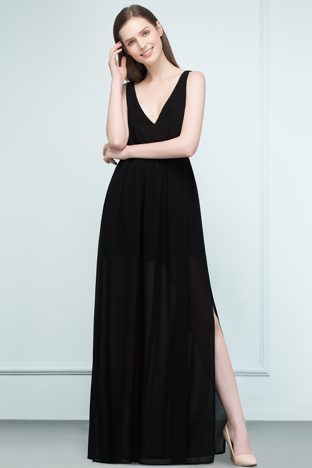 Black Long V-neck Chiffon A-line Evening Dress