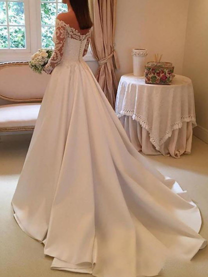 Long Off the Shoulder A-Line Satin Lace Wedding Dresses with Sleeves