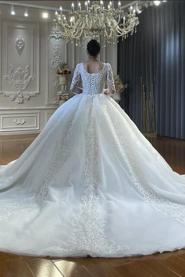 Luxury Long Ball Gown Tulle Lace Long Sleeves Wedding Dress with Appliques