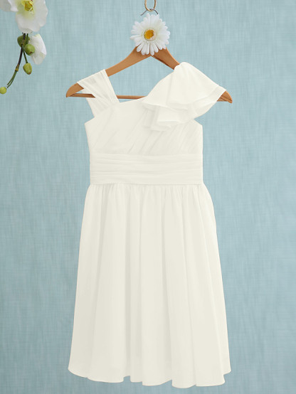 Sheath / Column Straps Knee Length Chiffon Junior Bridesmaid Dress With Ruffles / Side Draping / Natural