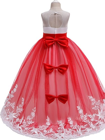 Long Ball Gown Tulle Sleeveless Jewel Neck Wedding Party Flower Girl Dresses With Bow