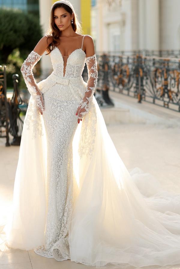 Spaghetti Straps Sweetheart Detachable Train Lace Mermaid Wedding Dress with Long Gloves