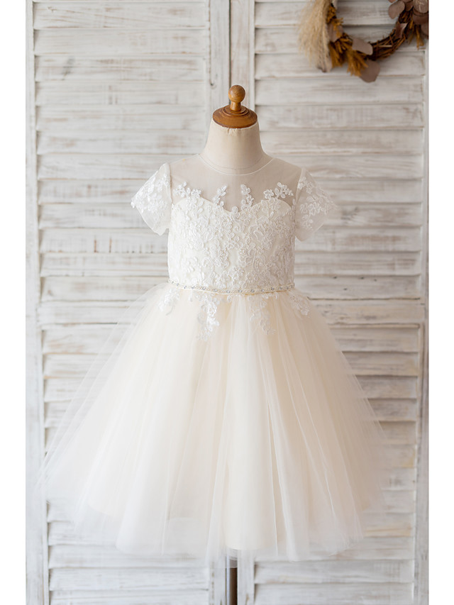 Short Ball Gown Tulle Lace Flower Girl Dresses with Sleeves