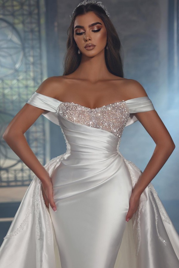 Shiny Long Mermaid Off the Shoulder Satin Beads Wedding Dress with Detachable Train