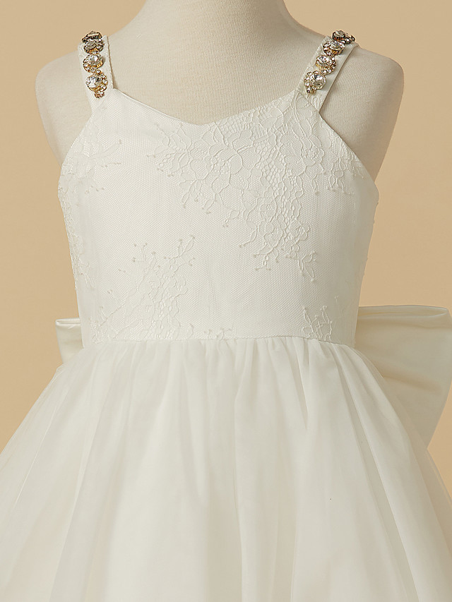 A-Line Ankle Length Wedding / First Communion Flower Girl Dresses - Lace / Tulle Sleeveless Straps With Bow(S) / Beading
