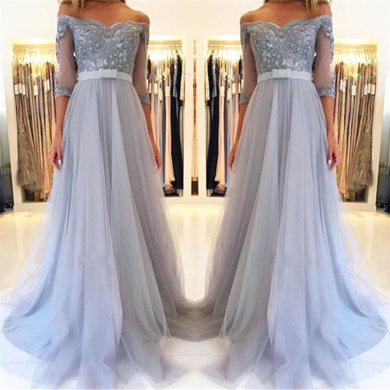 Elegant Off-the-shoulder Half Sleeves Appliques Lace Tulle A-Line Prom Dress