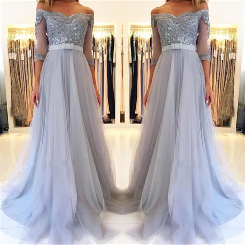 Elegant Off-the-shoulder Half Sleeves Appliques Lace Tulle A-Line Prom Dress