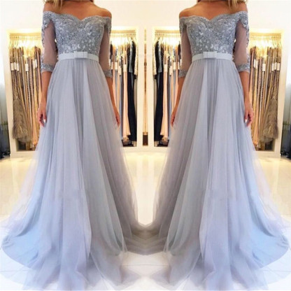 Elegant Off-the-shoulder Half Sleeves Appliques Lace Tulle A-Line Prom Dress
