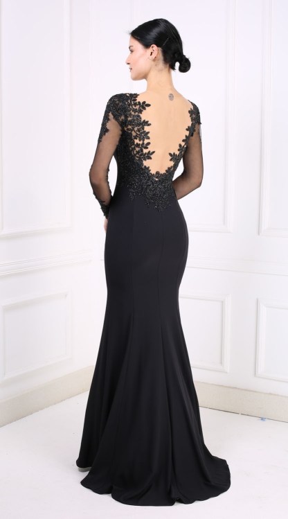 Unique Black Sweetheart Long Sleeve Backless Appliques Lace Floor-length Satin Mermaid Prom Dress