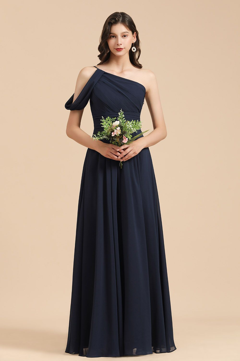 Long A-line Chiffon One Shoulder Bridesmaid Dress Dark Navy Wedding Party Dresses