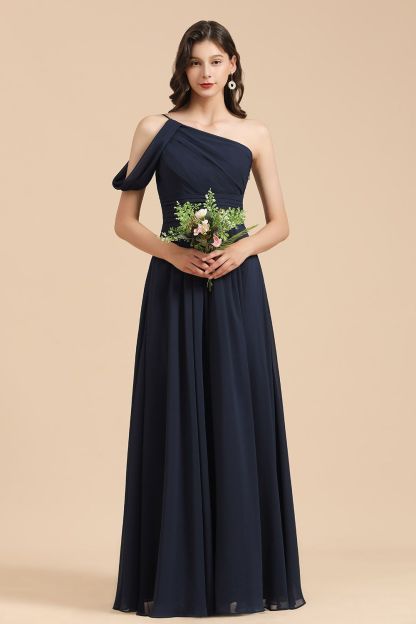 Long A-line Chiffon One Shoulder Bridesmaid Dress Dark Navy Wedding Party Dresses