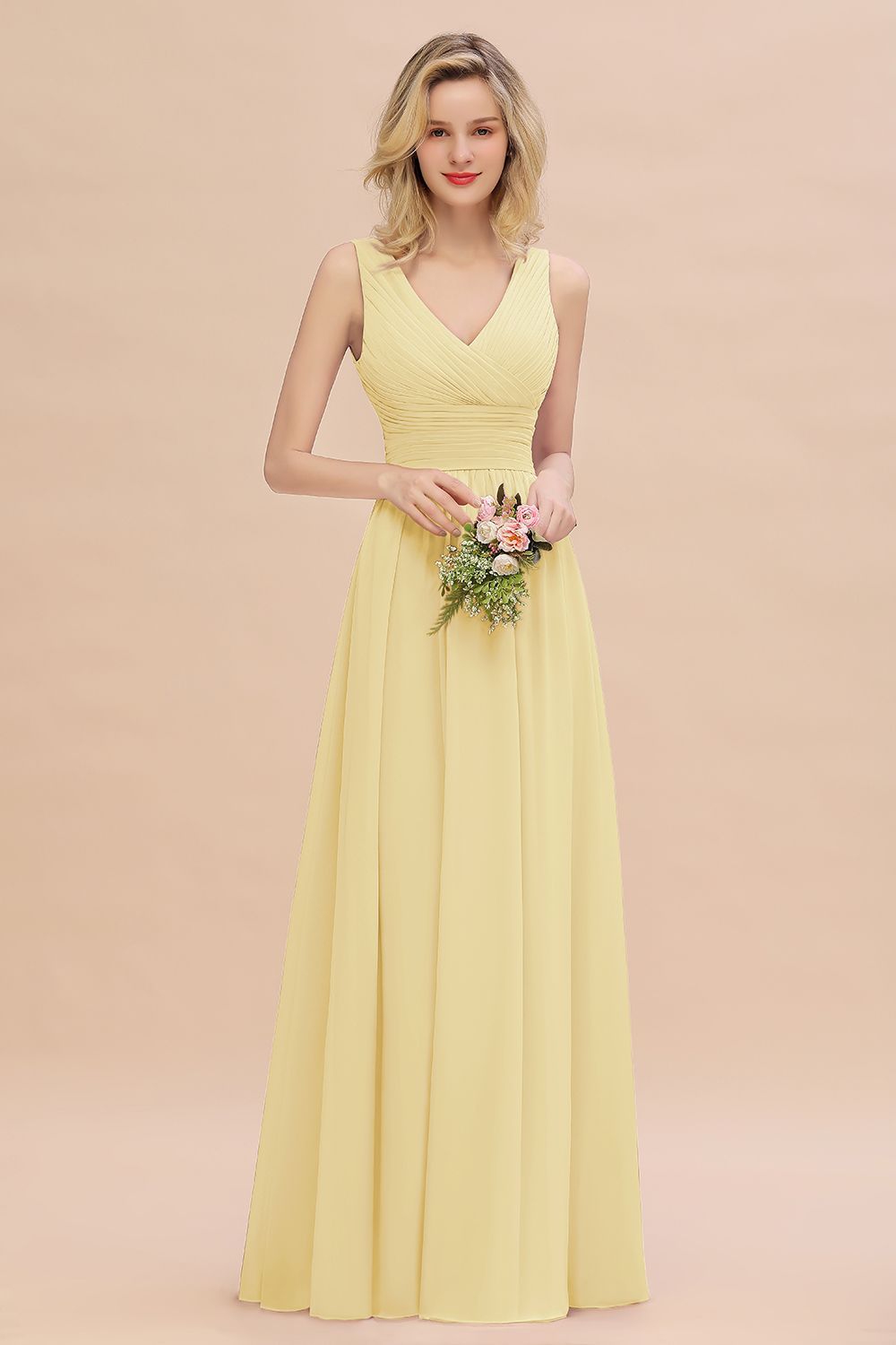 Elegant A-line V-Neck Ruffles Long Bridesmaid Dress