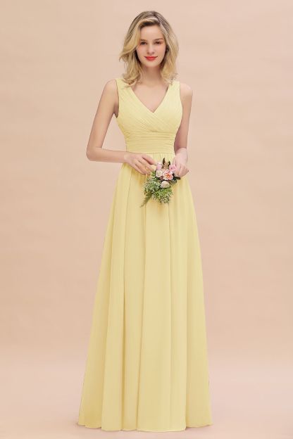 Elegant A-line V-Neck Ruffles Long Bridesmaid Dress