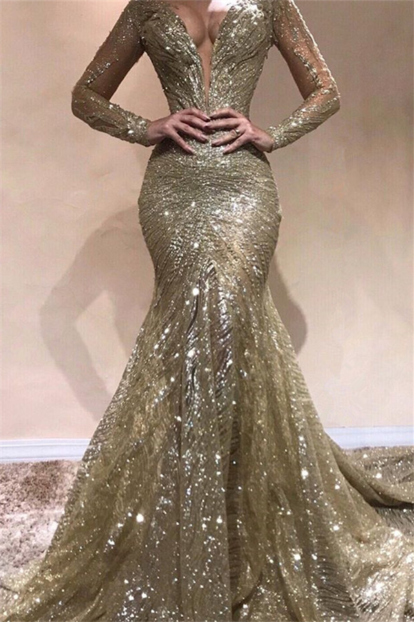 Long V-neck Sequined Mermaid Prom Dress with Sleeves