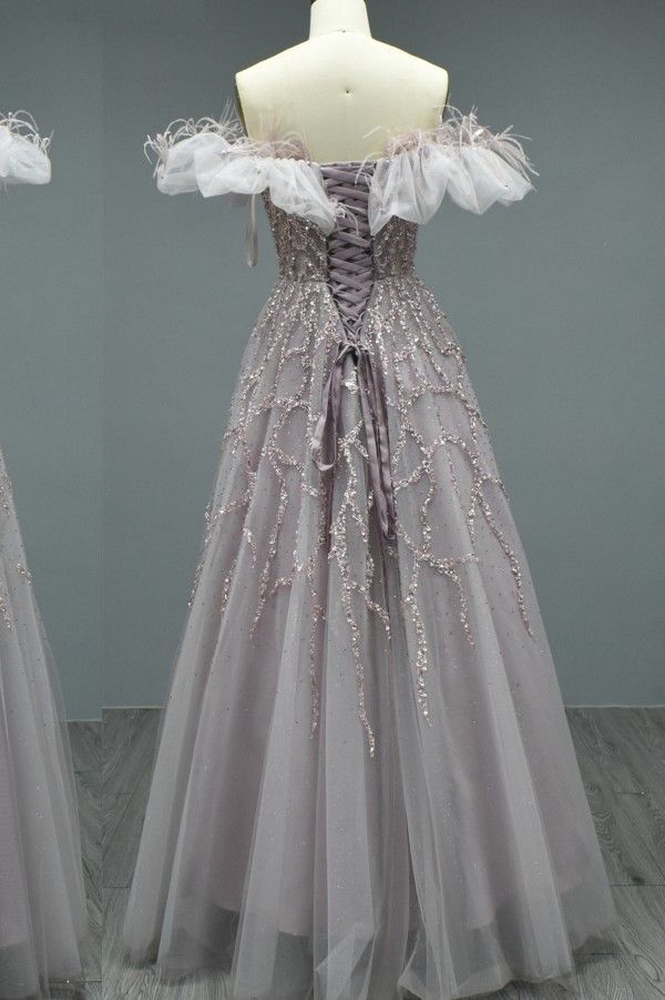 Elegant Long A-line Off the Shoulder Tulle Beading Formal Prom Dresses
