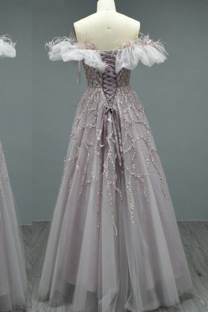 Elegant Long A-line Off the Shoulder Tulle Beading Formal Prom Dresses