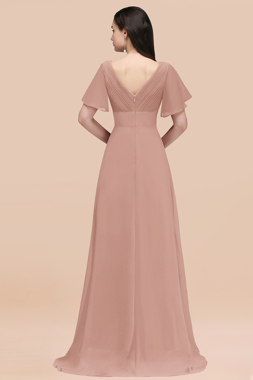 Simple A-Line Chiffon V-Neck Short-Sleeves Ruffles Floor-Length Bridesmaid Dresses