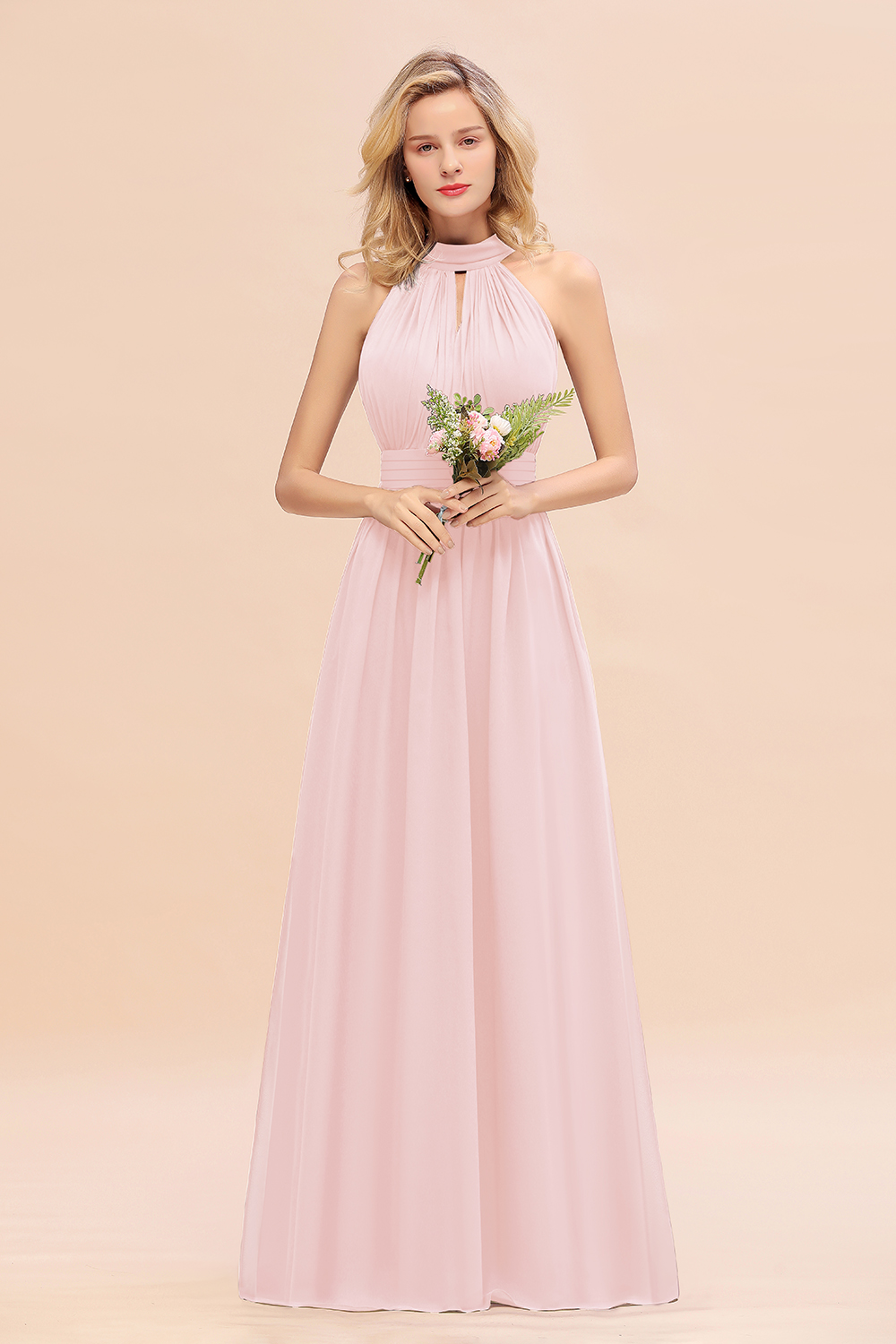 BM0758 Glamorous High-Neck Halter Bridesmaid Affordable Dresses with Ruffle