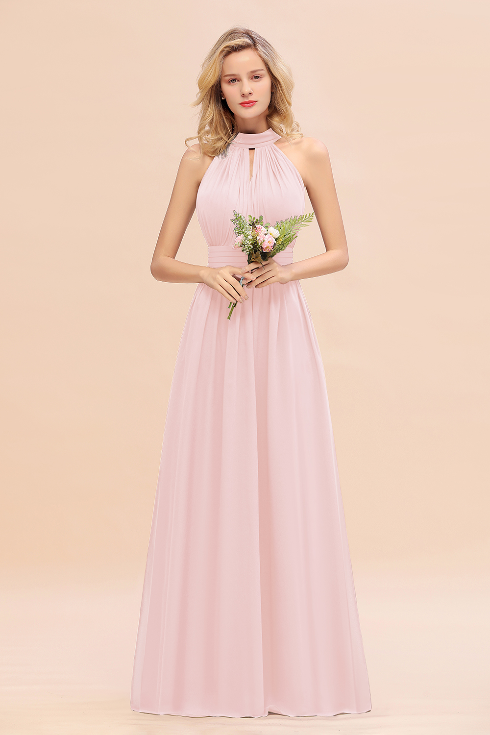 BM0758 Glamorous High-Neck Halter Bridesmaid Affordable Dresses with Ruffle