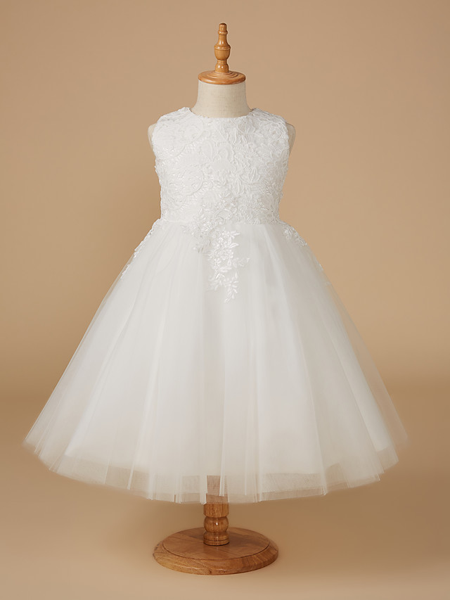 White Ball Gown Sleeveless Jewel Neck Knee Length Tulle Lace Flower Girl Dresses