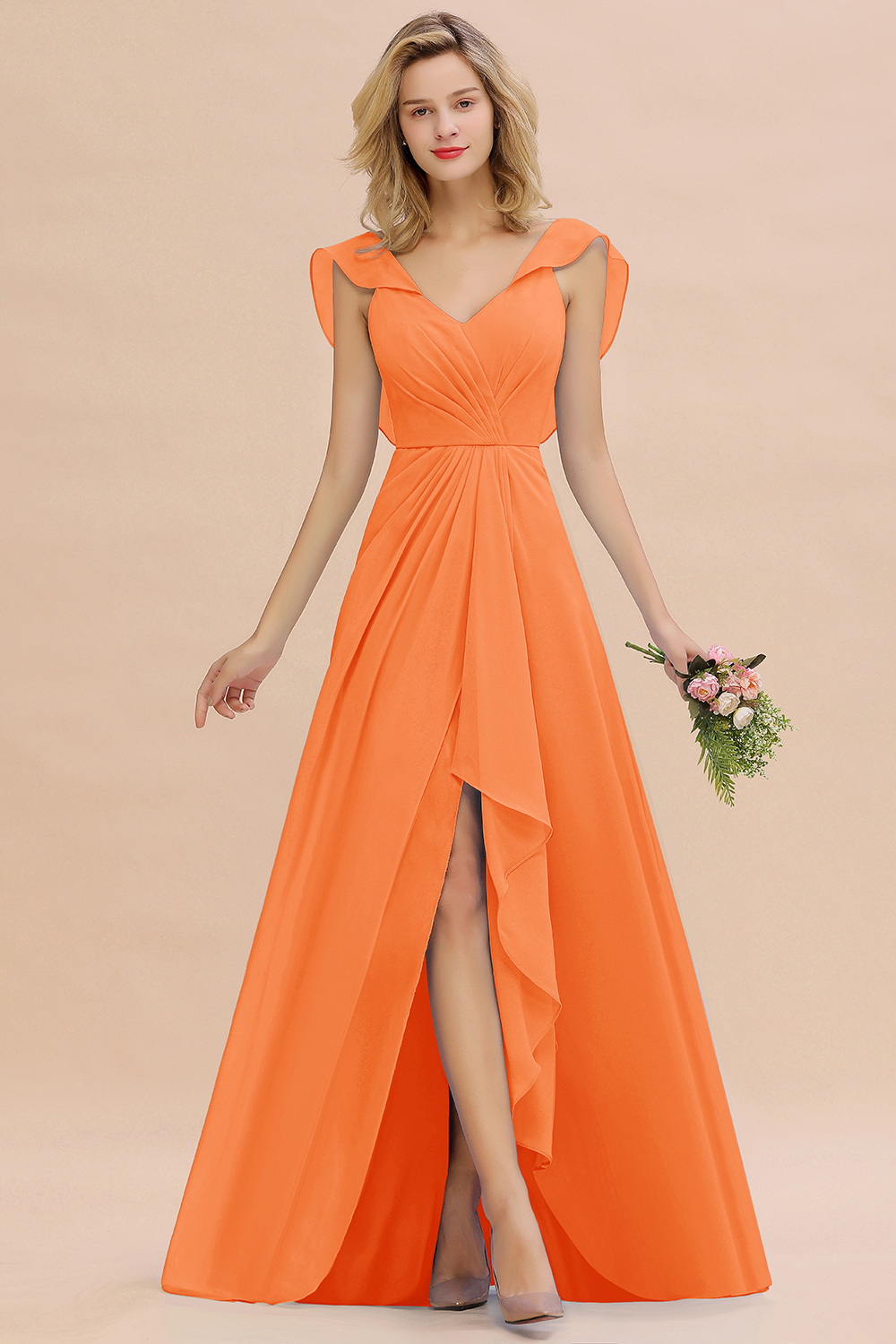 BM0777 Simple Hi-Lo V-Neck Ruffles Long Bridesmaid Dress