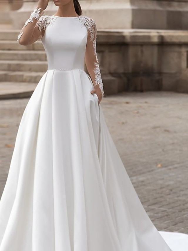 Long A-Line Jewel Lace Satin Long Sleeve Wedding Dresses with Pockets