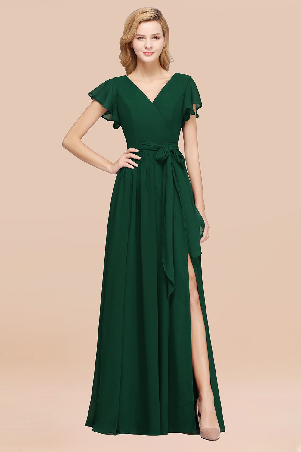 elegant A-line Chiffon V-Neck Short-Sleeves Floor-Length Bridesmaid Dresses with Bow Sash