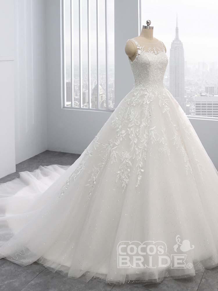 Gorgeous Ivory Long Tulle Lace-Up Sweep Train Ball Gown Wedding Dresses