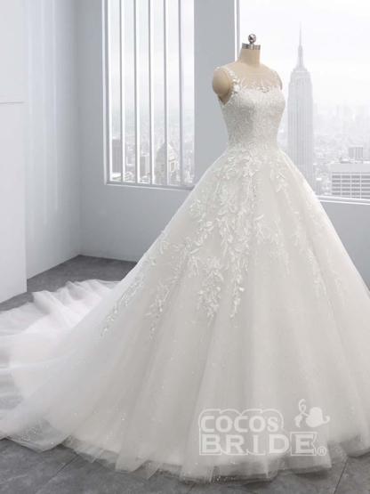 Gorgeous Ivory Long Tulle Lace-Up Sweep Train Ball Gown Wedding Dresses