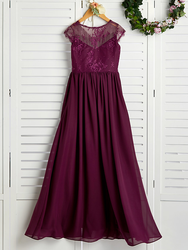 A-Line V Neck Maxi Chiffon / Lace Junior Bridesmaid Dress With Appliques