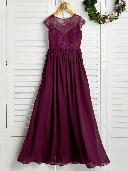 A-Line V Neck Maxi Chiffon / Lace Junior Bridesmaid Dress With Appliques