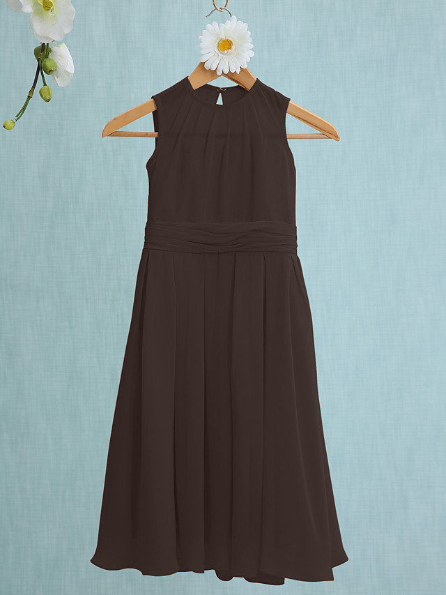 Sky Blue Long A-line Jewel Neck Knee Length Chiffon Junior Bridesmaid Dress