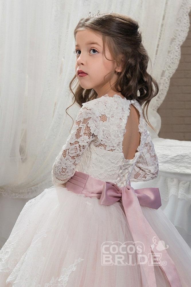 Purple Scoop Neck Long Sleeves Ball Gown Flower Girls Dress