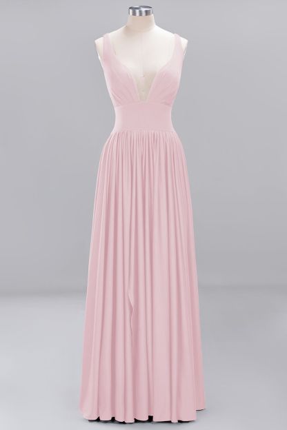 A-Line V-Neck Sleeveless Long Ruffles Bridesmaid Dress