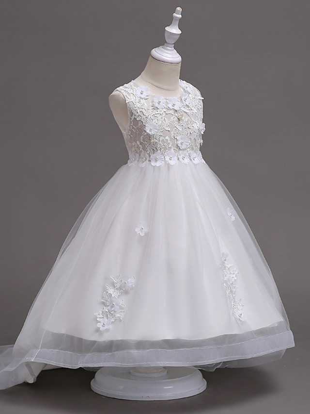White Ball Gown Knee Length Tulle Appliques Lace Flower Girl Dress