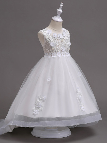 White Ball Gown Knee Length Tulle Appliques Lace Flower Girl Dress