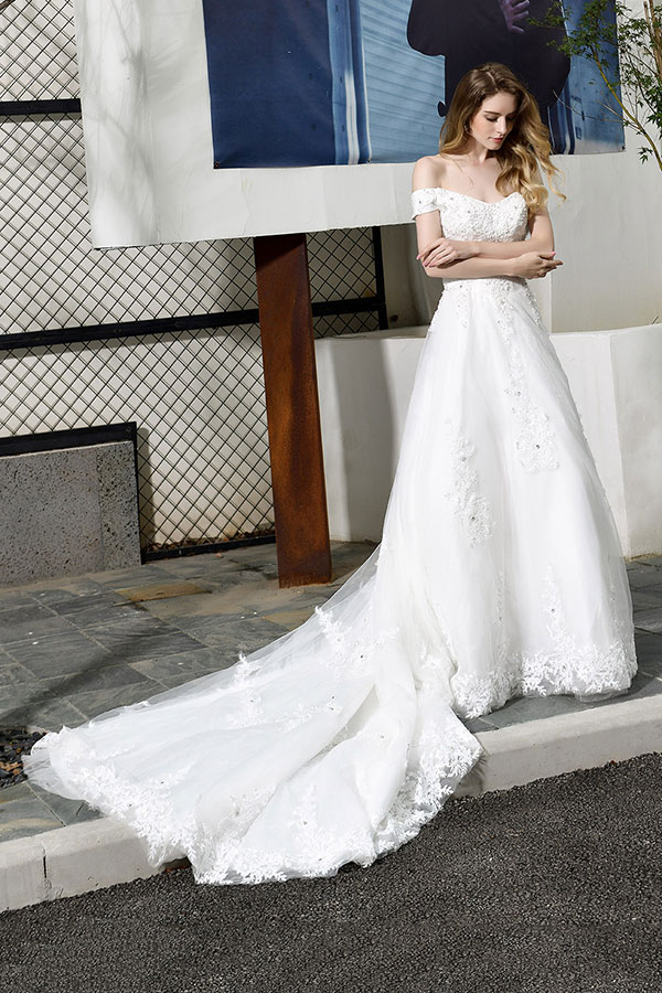 Gorgeous Long A-Line Lace Off Shoulder Satin Wedding Dress