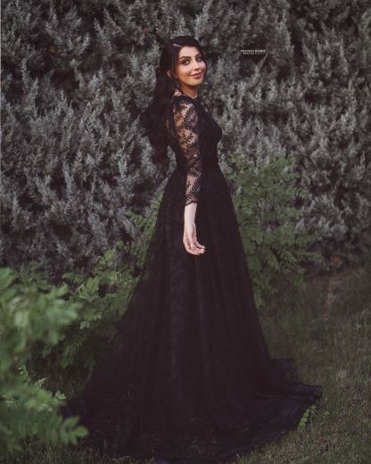 Black Long A-line Tulle Lace Wedding Dress with Sleeves